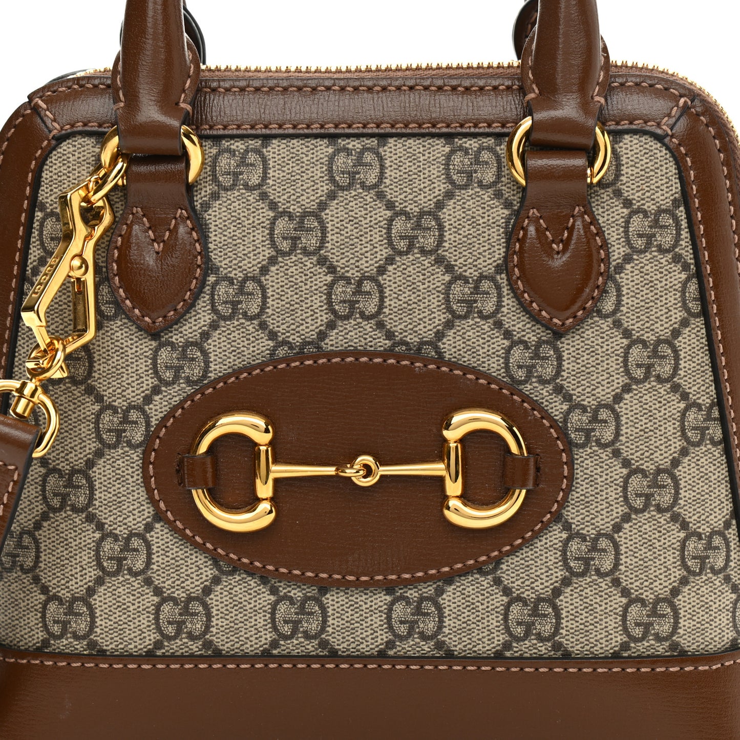 GG Supreme Monogram Azalea Calfskin Mini Horsebit 1955 Top Handle Bag Beige Ebony Brown Sugar