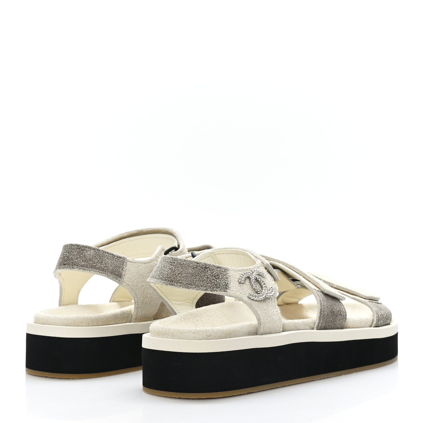 Suede Calfskin Velcro Flat Sandals 39 Ivory Dark Beige
