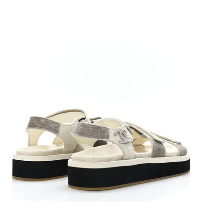 Chanel Suede Calfskin Velcro Flat Sandals 39 Ivory Dark Beige 4 of 8