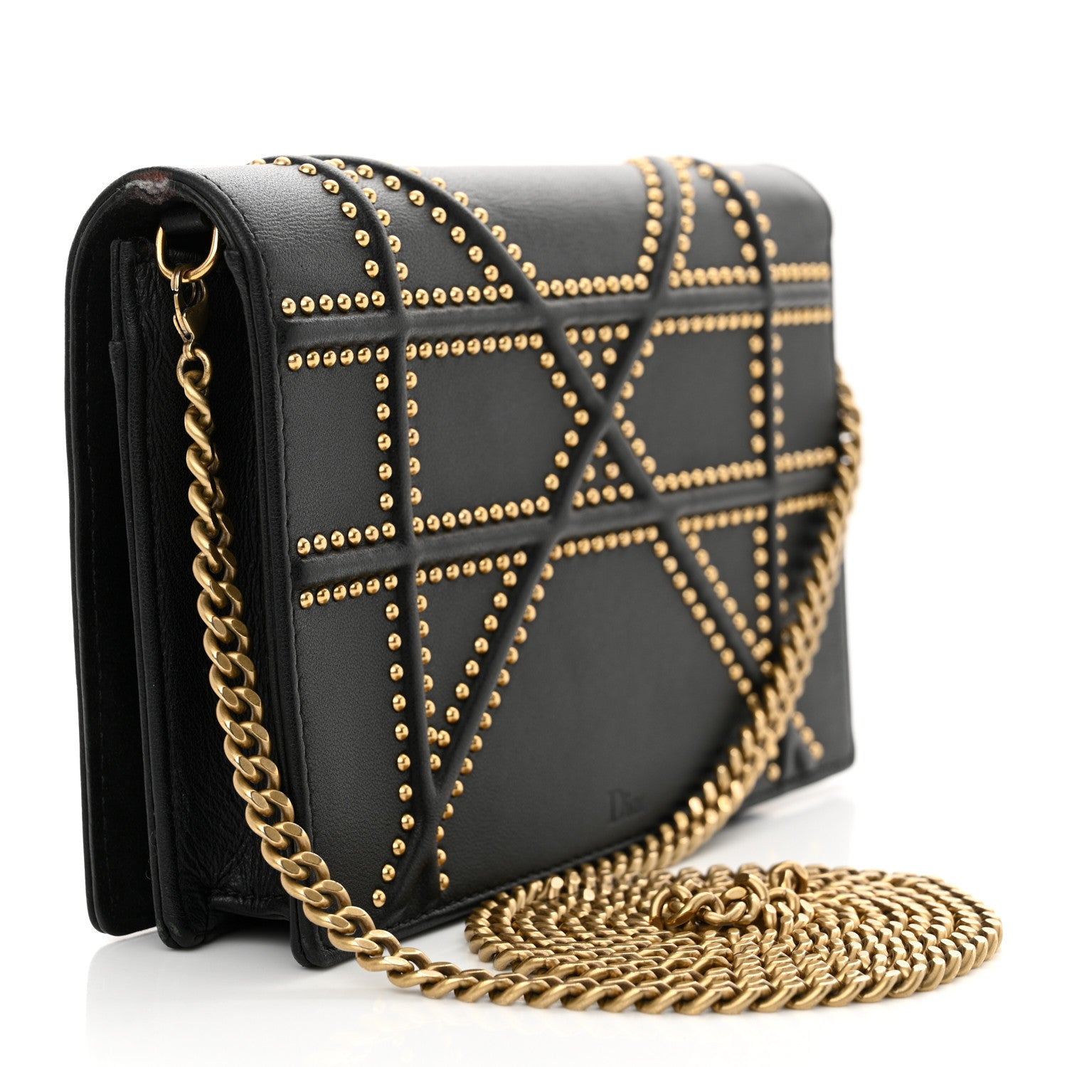 Christian Dior Calfskin Studded Diorama Wallet on Chain Pouch Black 3 of 13