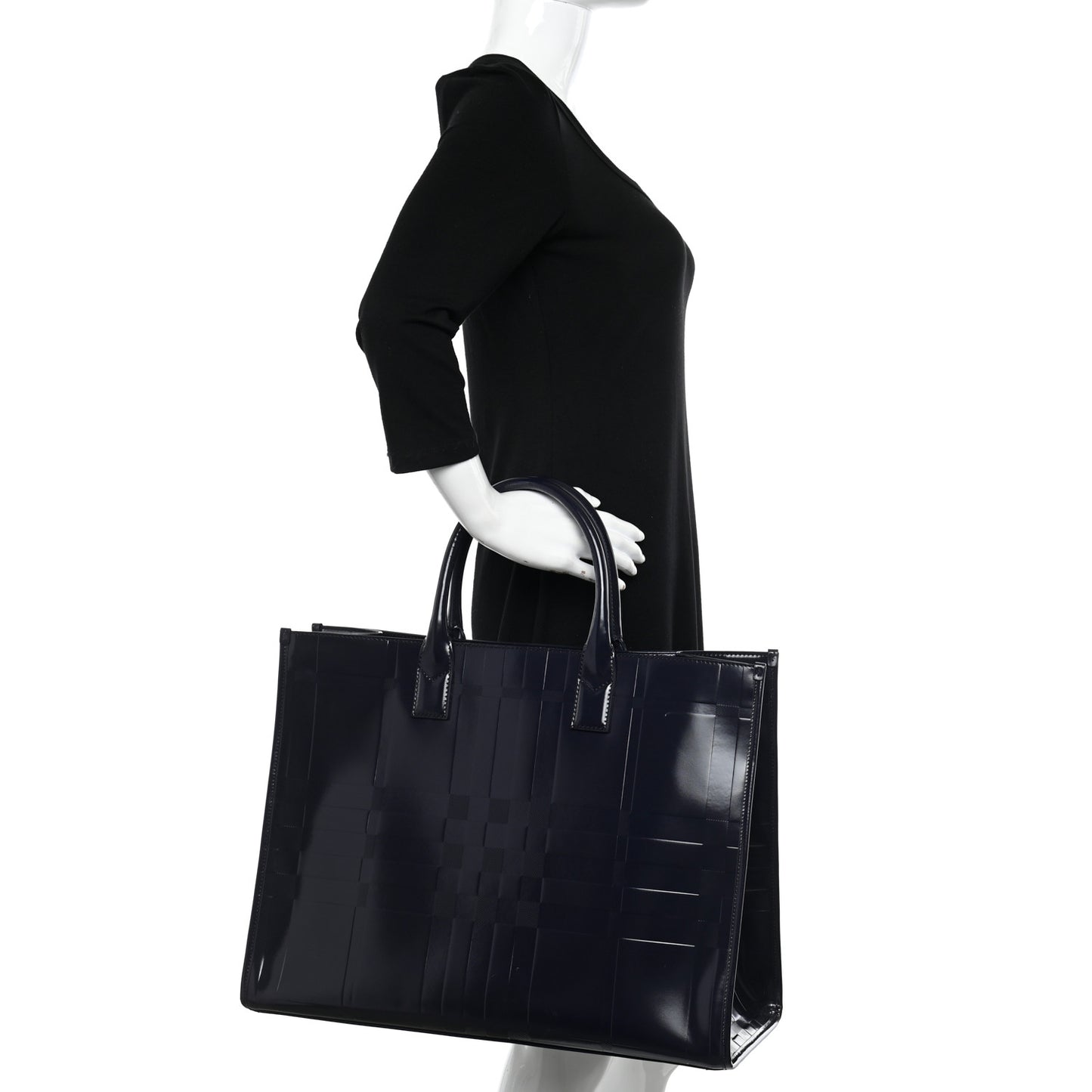 Patent Calfskin Denny Check Embossed Tote Charcoal Blue