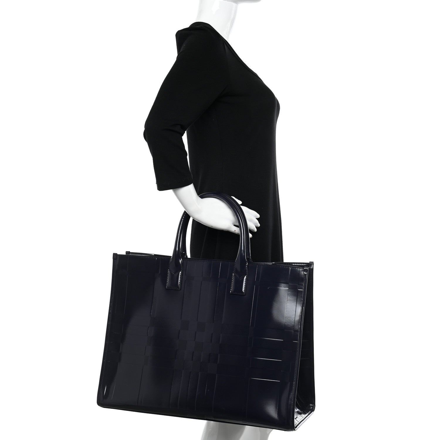 Burberry Patent Calfskin Denny Check Embossed Tote Charcoal Blue 2 of 12