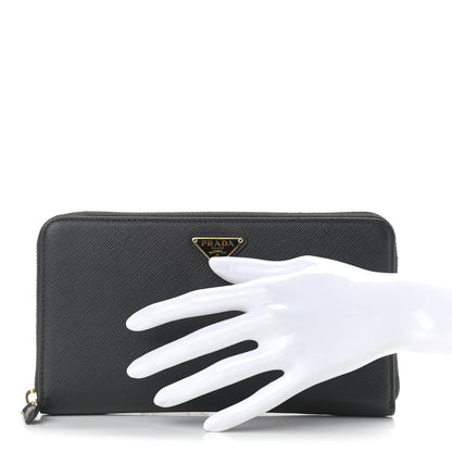 Prada Saffiano Metal Large Zip Around Travel Wallet Black 2 of 7