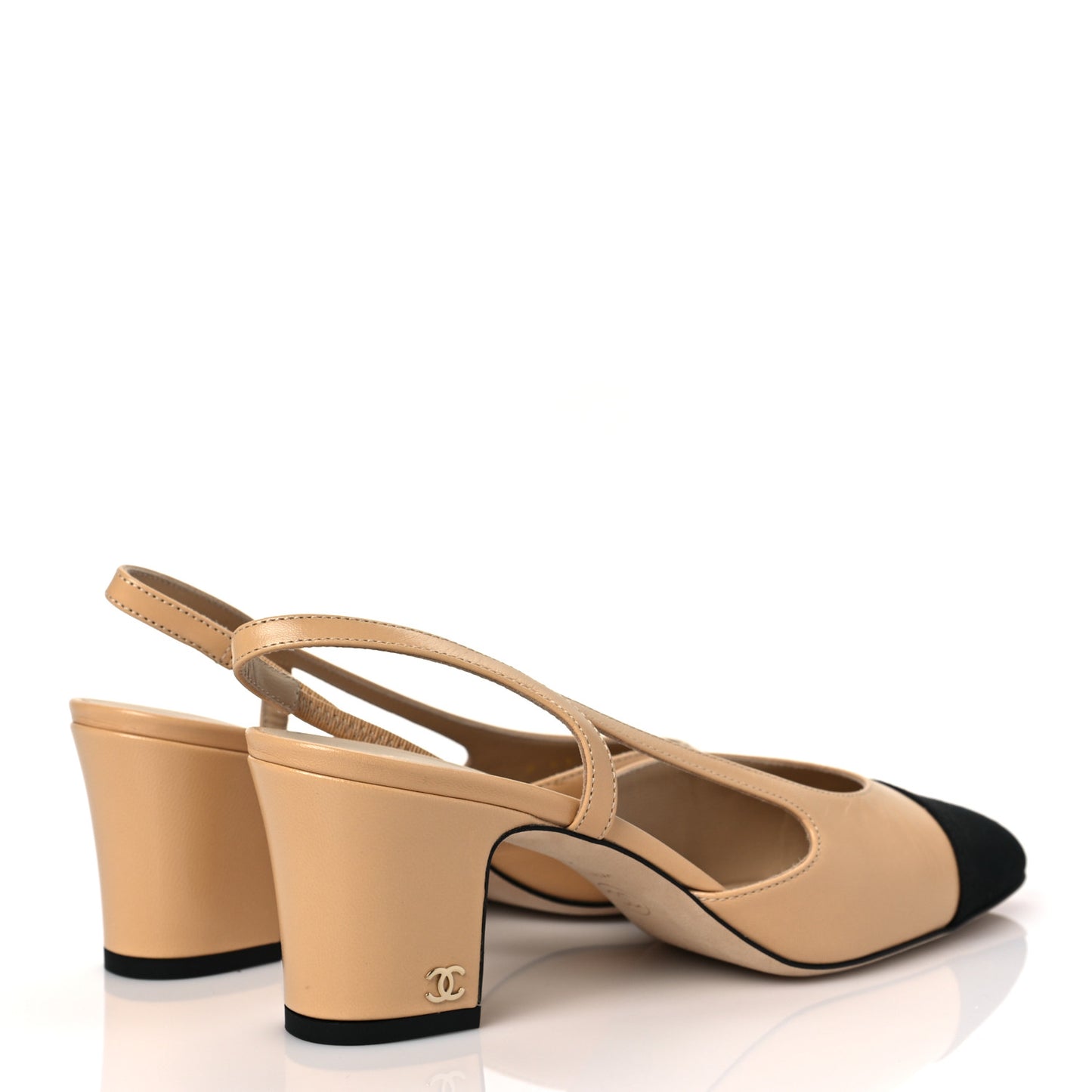 Goatskin Grosgrain Cap Toe CC Slingback Pumps 38 Beige Black
