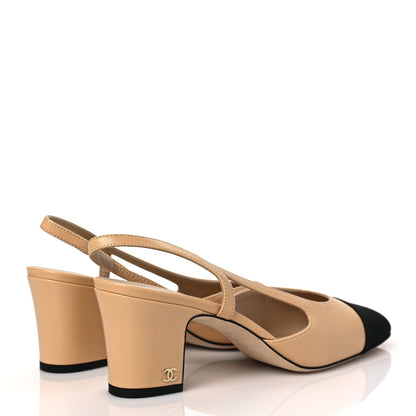 Chanel Goatskin Grosgrain Cap Toe CC Slingback Pumps 38 Beige Black 4 of 7