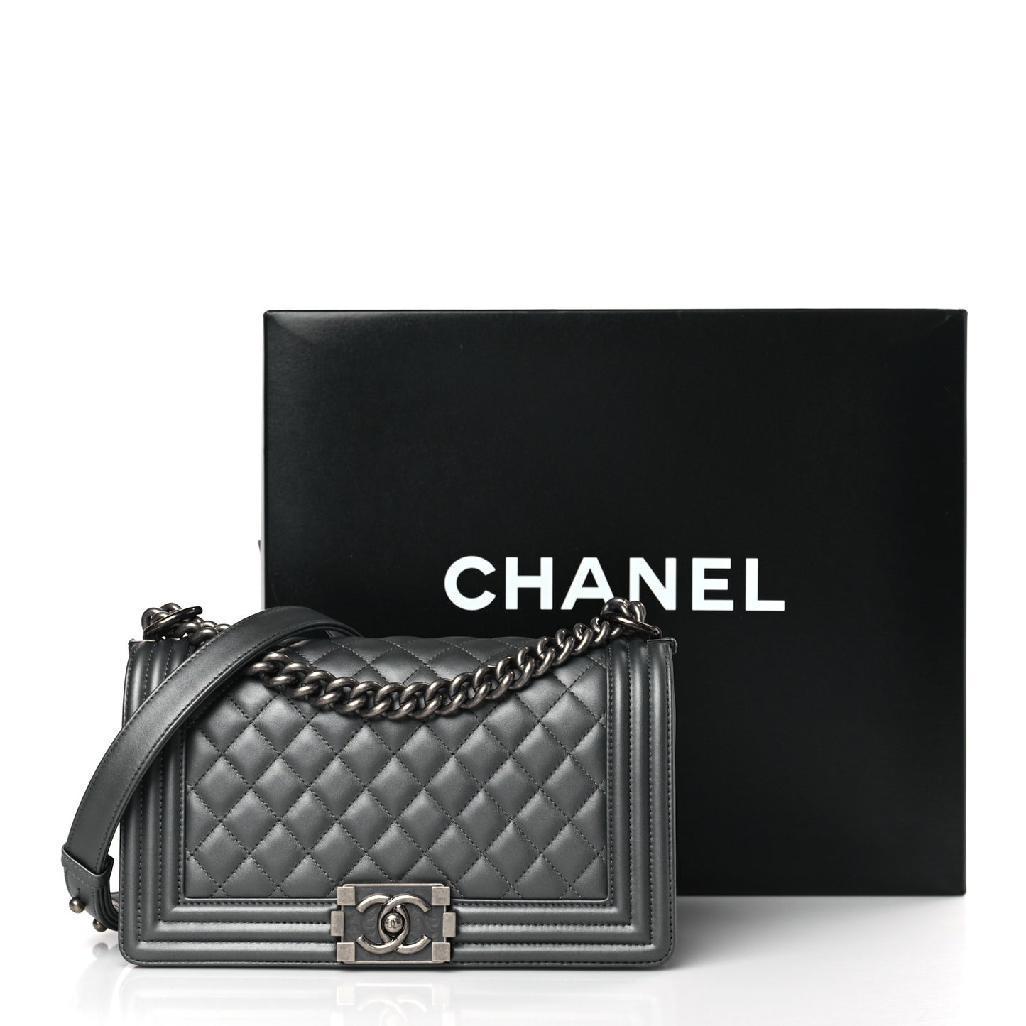 Metallic Lambskin Quilted Medium Boy Flap Dark Silver