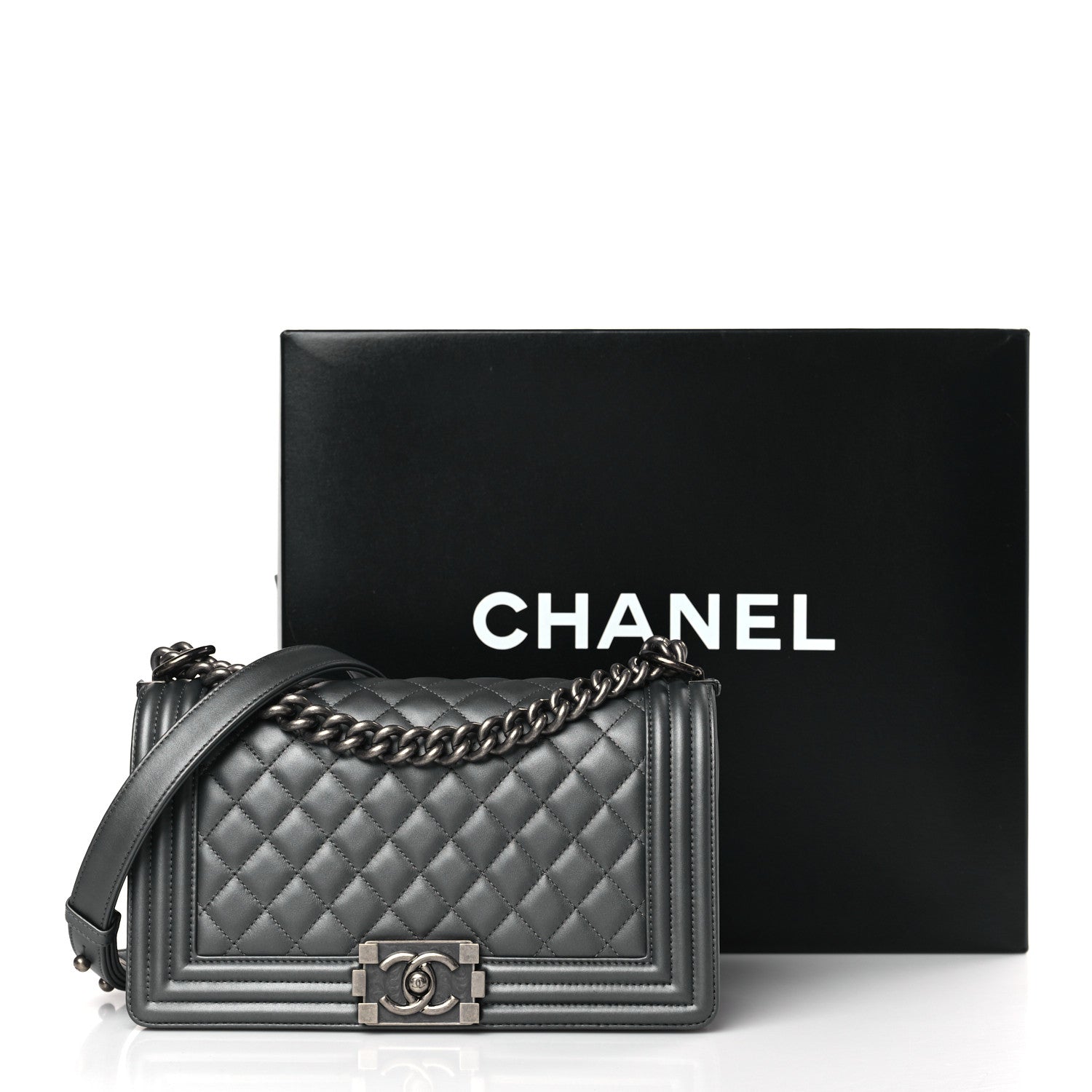Chanel Metallic Lambskin Quilted Medium Boy Flap Dark Silver 10 of 10