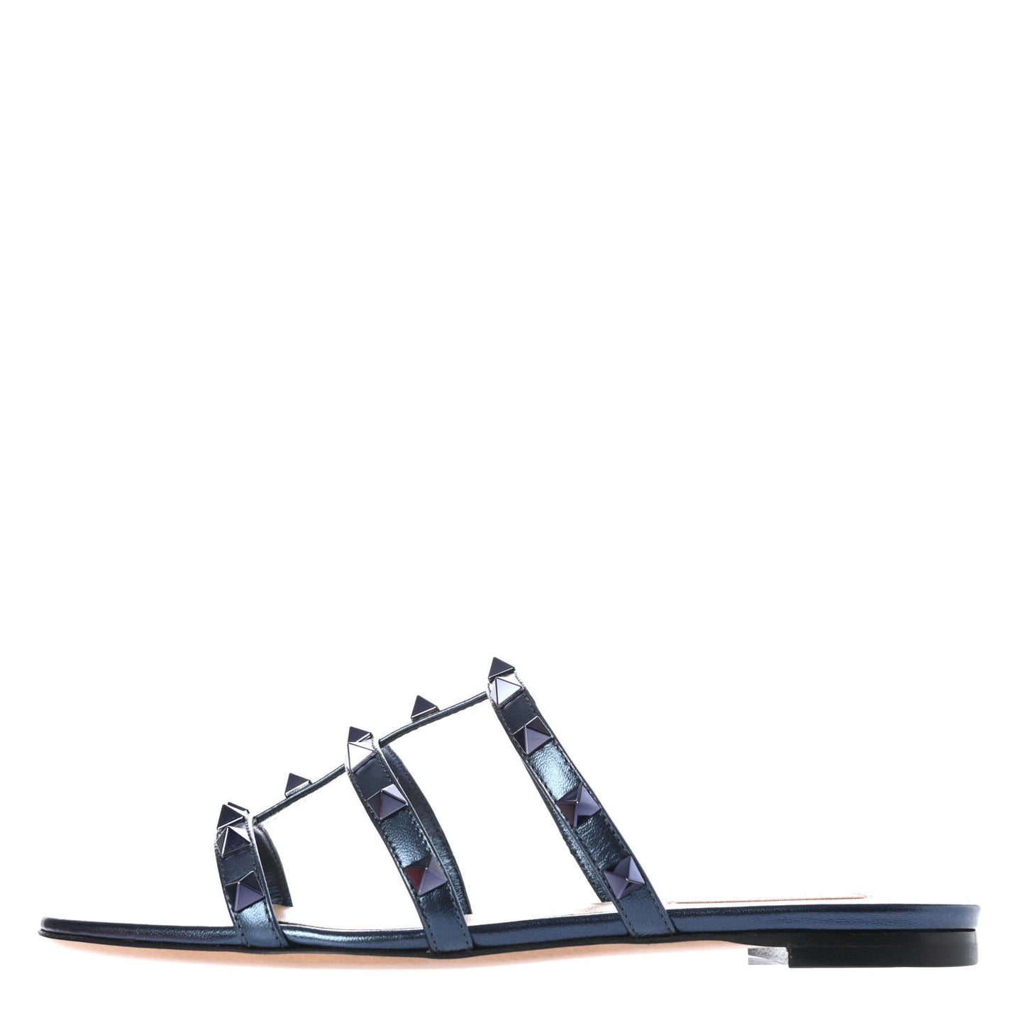 Metallic Calfskin Rockstud Caged Flat Slide Sandals 36 Marine