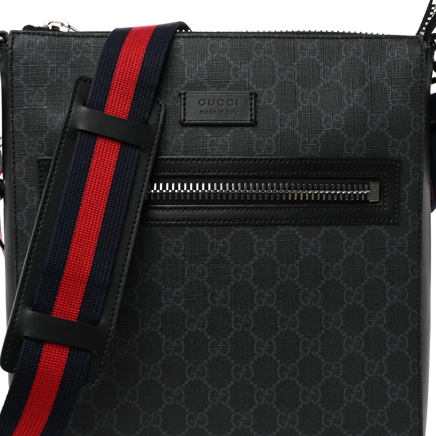 Gucci GG Supreme Monogram Appia Calfskin Web Flat Messenger Bag Black Grey 8 of 10
