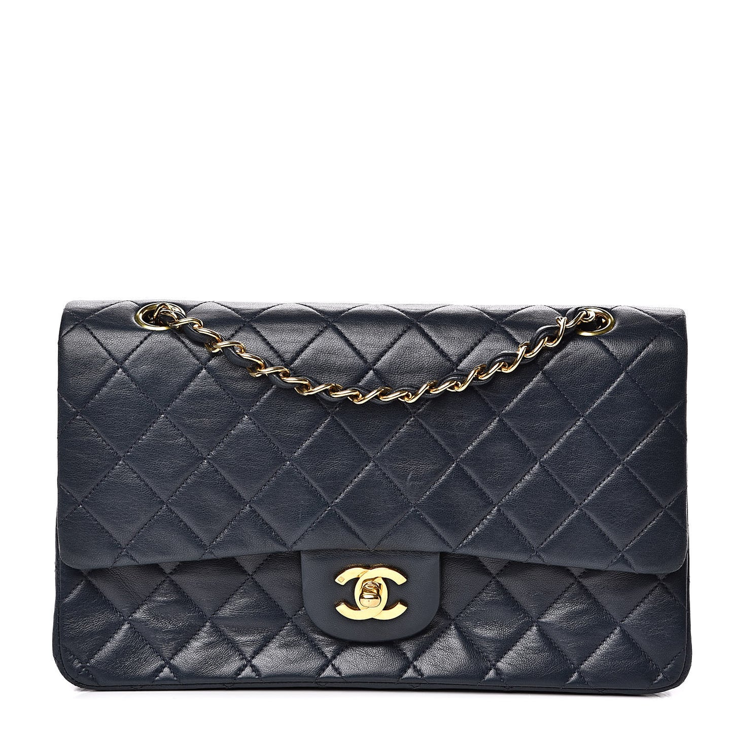Lambskin Quilted Medium Double Flap Navy