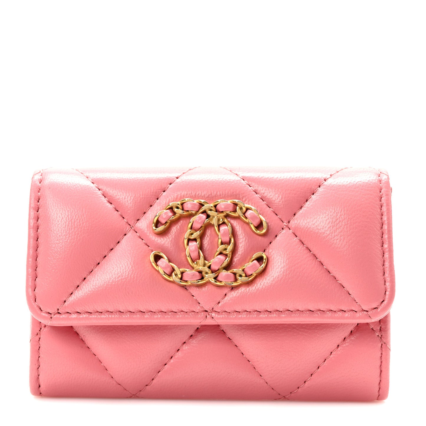 Lambskin Quilted Chanel 19 Flap Card Holder Pink