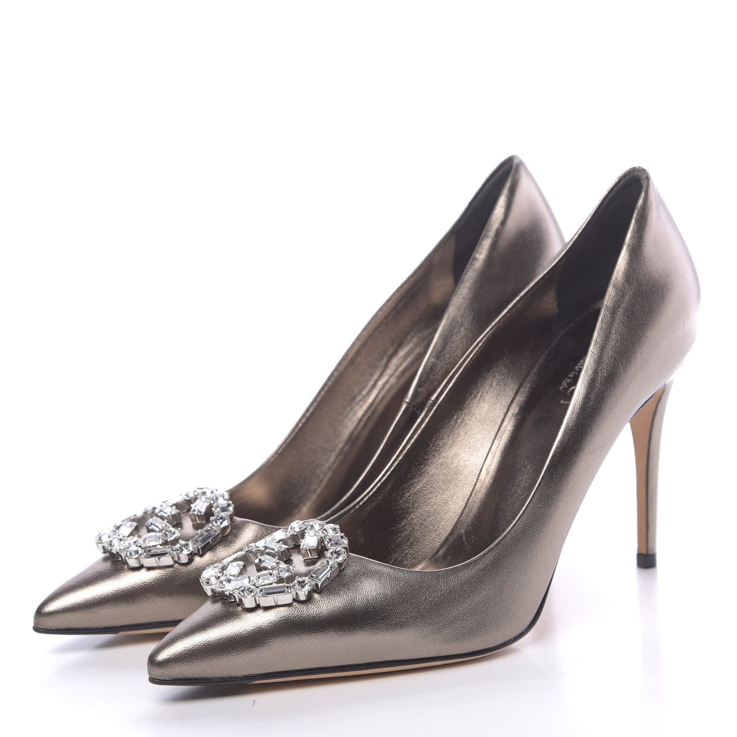 Gucci Metallic Calfskin Crystal Interlocking G Pumps 36 Gunmetal 3 of 12