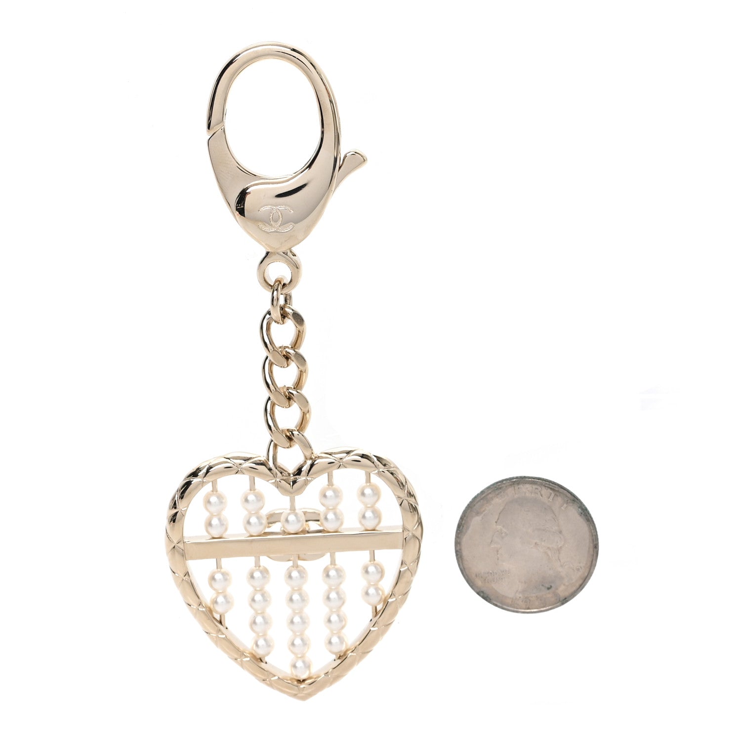 Chanel Pearl Crystal Quilted CC Heart Bag Charm Gold 2 of 4