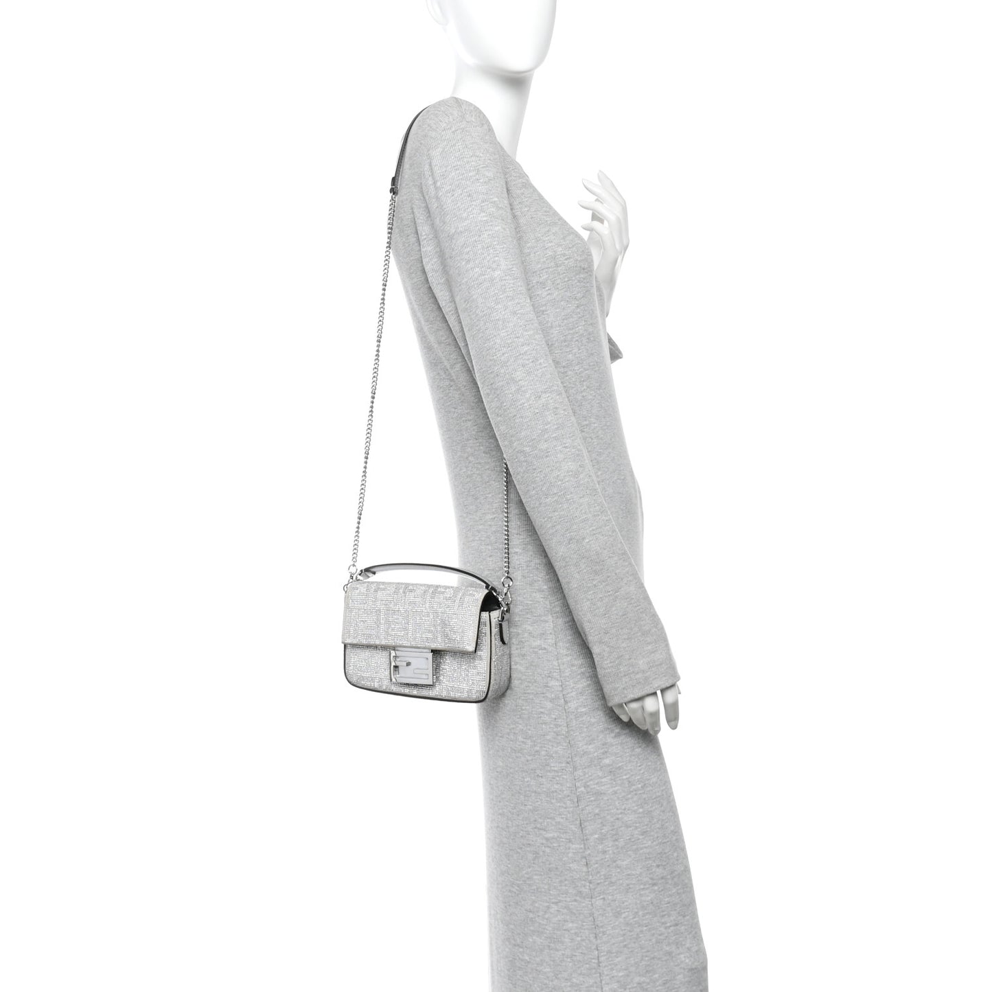 Crystal Vitello Laminato FF Mini Baguette Crystal Argento