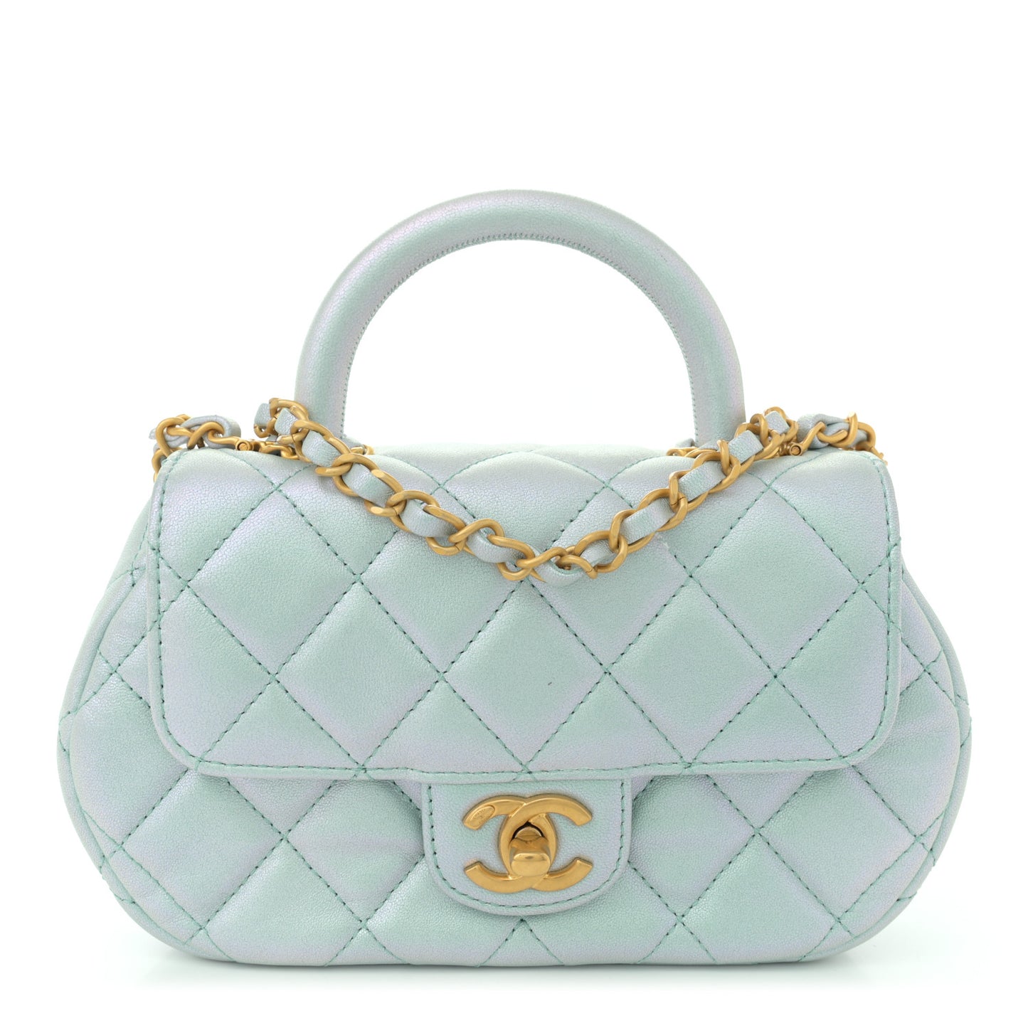 Iridescent Lambskin Quilted Baywatch Top Handle Flap Light Blue