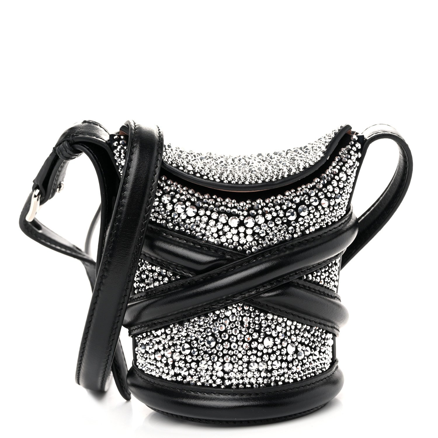 Alexander McQueen Metallic Calfskin Crystal Micro Curve Bucket Bag Black 1 of 12