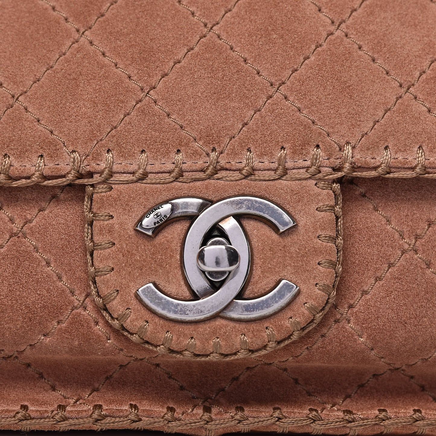 Suede Calfskin Stitch Flap Light Brown