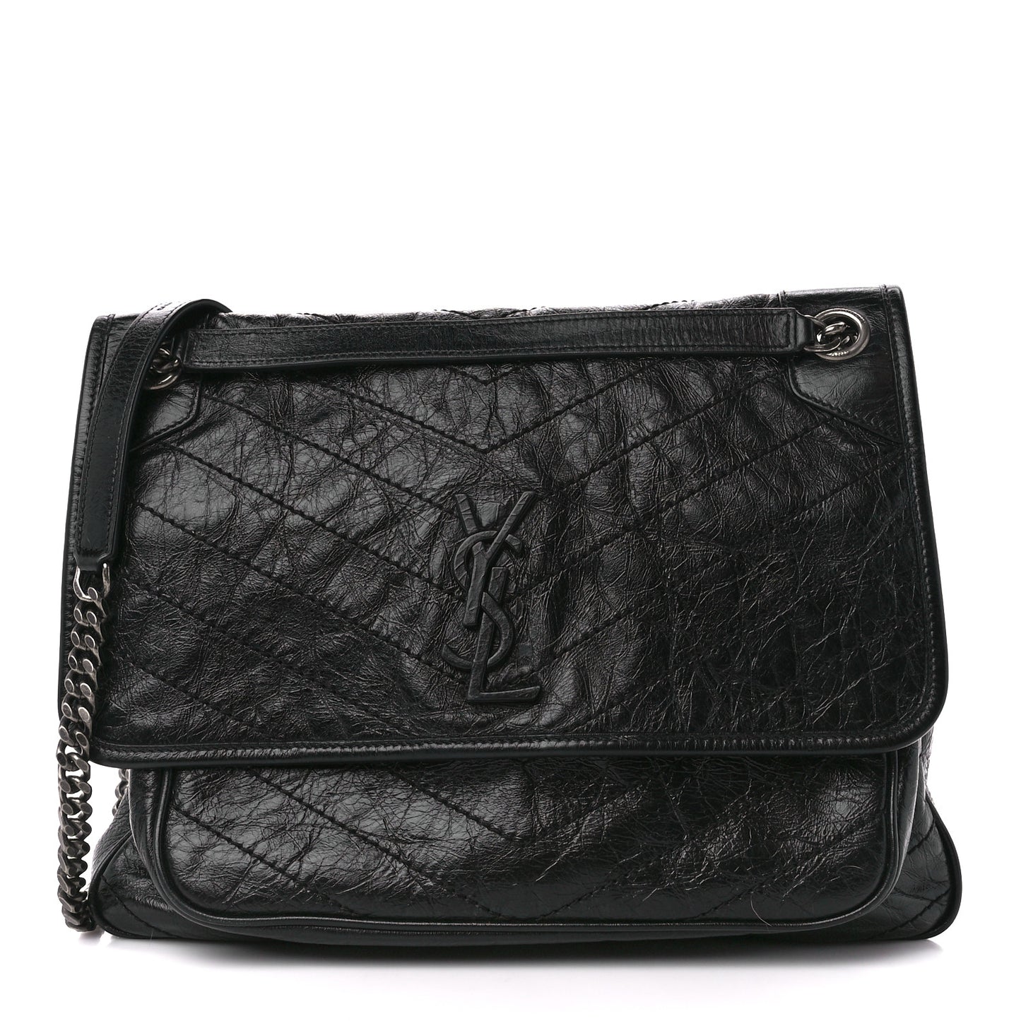 Crinkled Calfskin Matelasse Monogram Medium Niki Chain Satchel Black