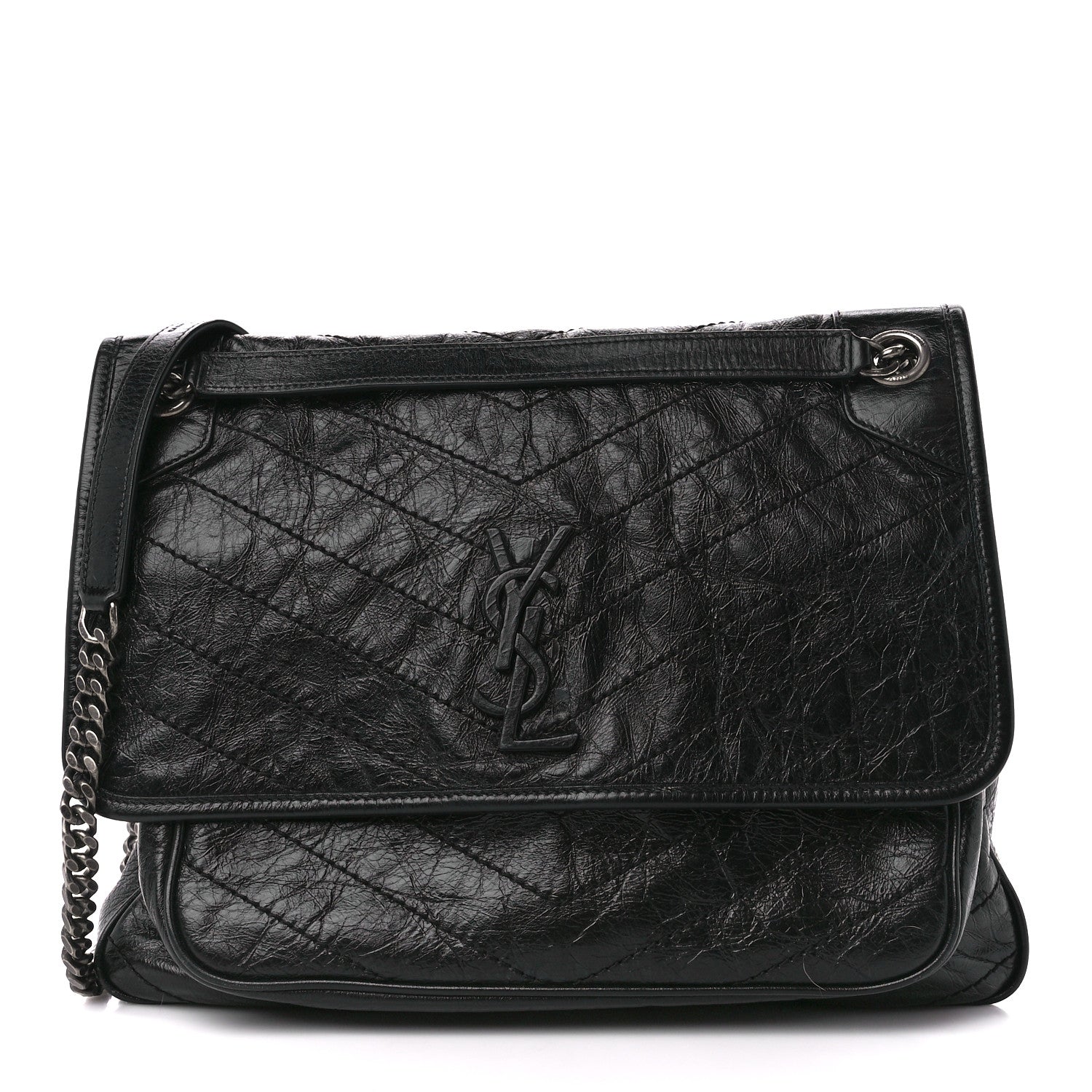 Saint Laurent Crinkled Calfskin Matelasse Monogram Medium Niki Chain Satchel Black 1 of 12
