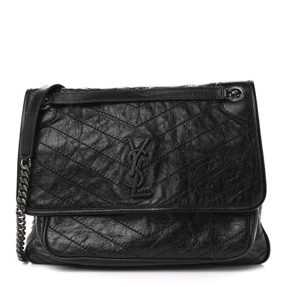Saint Laurent Crinkled Calfskin Matelasse Monogram Medium Niki Chain Satchel Black 1 of 12
