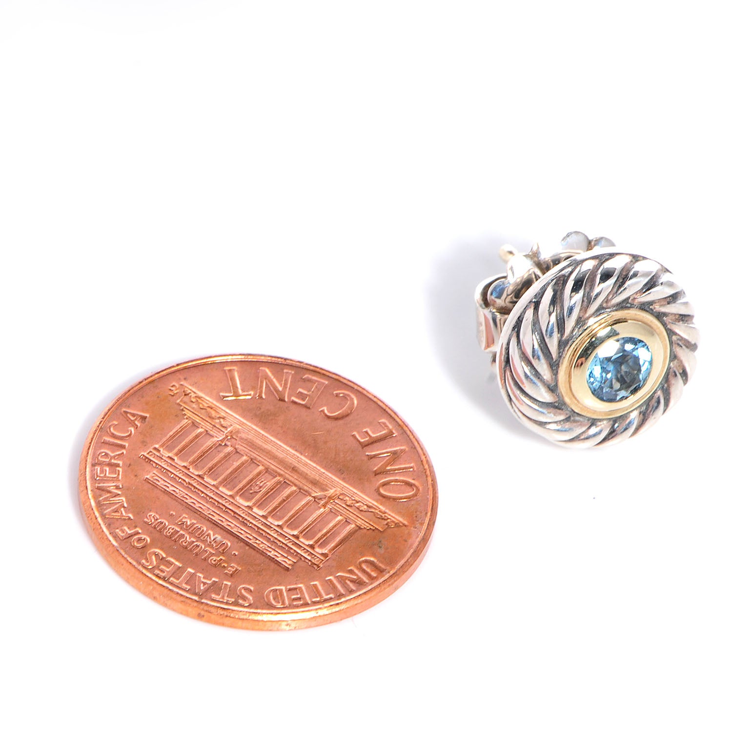 David Yurman Sterling Silver 14K Yellow Gold Blue Topaz Cookie Cable Earrings 2 of 5