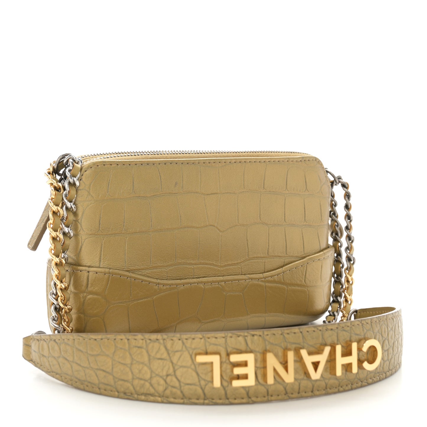 Metallic Calfskin Crocodile Embossed Small Gabrielle Clutch With Chain Gold
