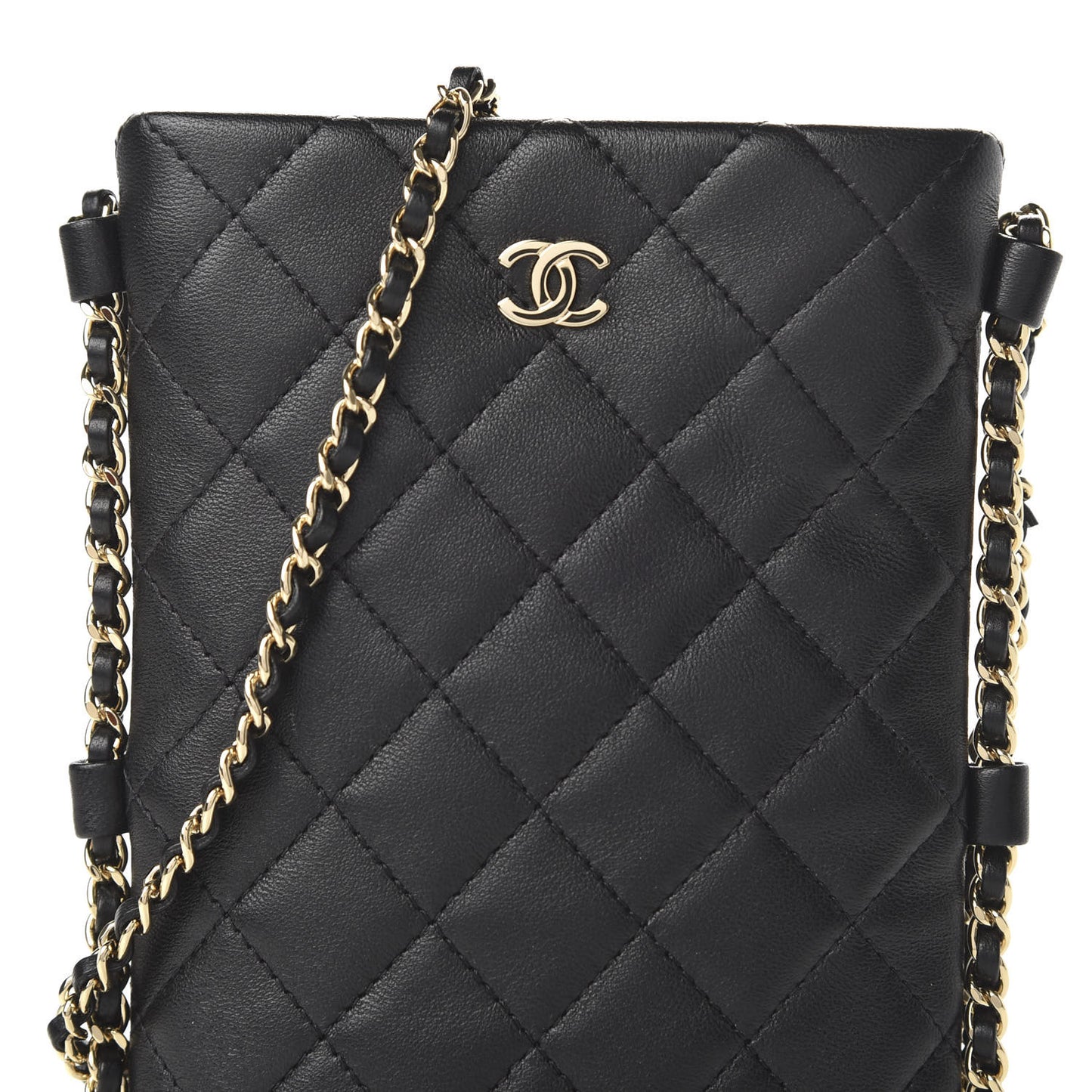 Lambskin Quilted Chain Around Phone Holder Black