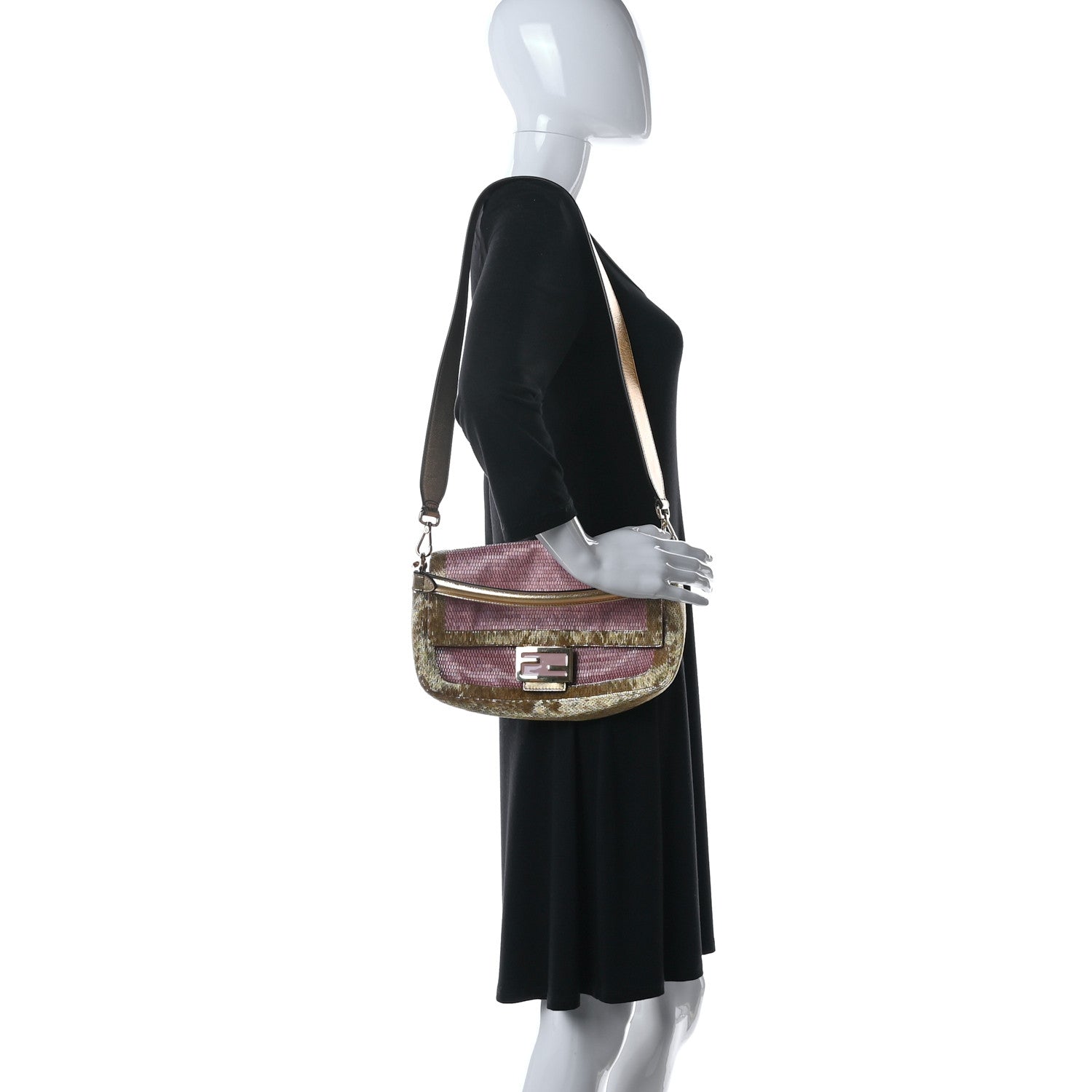 Fendi Vitello Catalan Mirror Bead Embroidered Baguette Rosa Pesca Gold 2 of 17