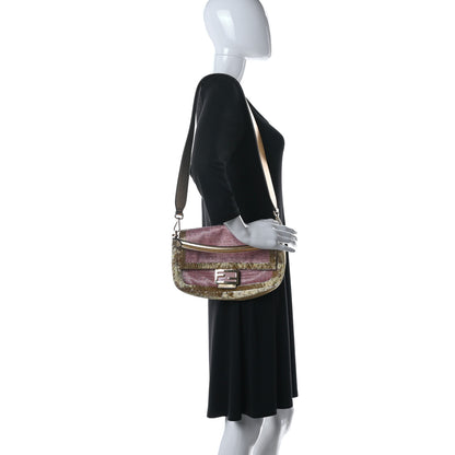 Fendi Vitello Catalan Mirror Bead Embroidered Baguette Rosa Pesca Gold 2 of 17