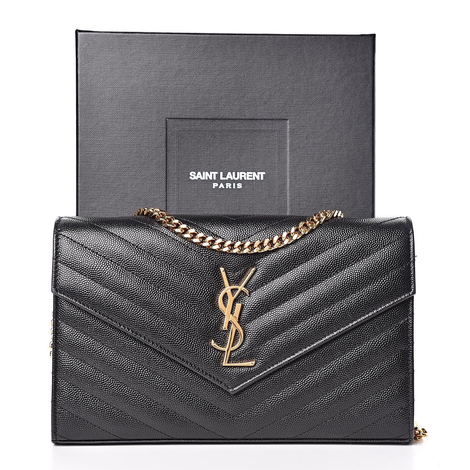 Saint Laurent Grain De Poudre Matelasse Chevron Monogram Chain Wallet Black 12 of 12