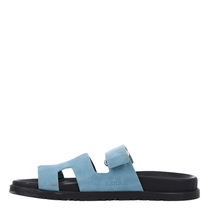 Hermes Suede Goatskin Womens Chypre Sandals 38 Bleu Mineral 1 of 10