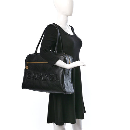 Chanel Calfskin Stitched Maxi Logo Bowling Bag Black 2 of 9