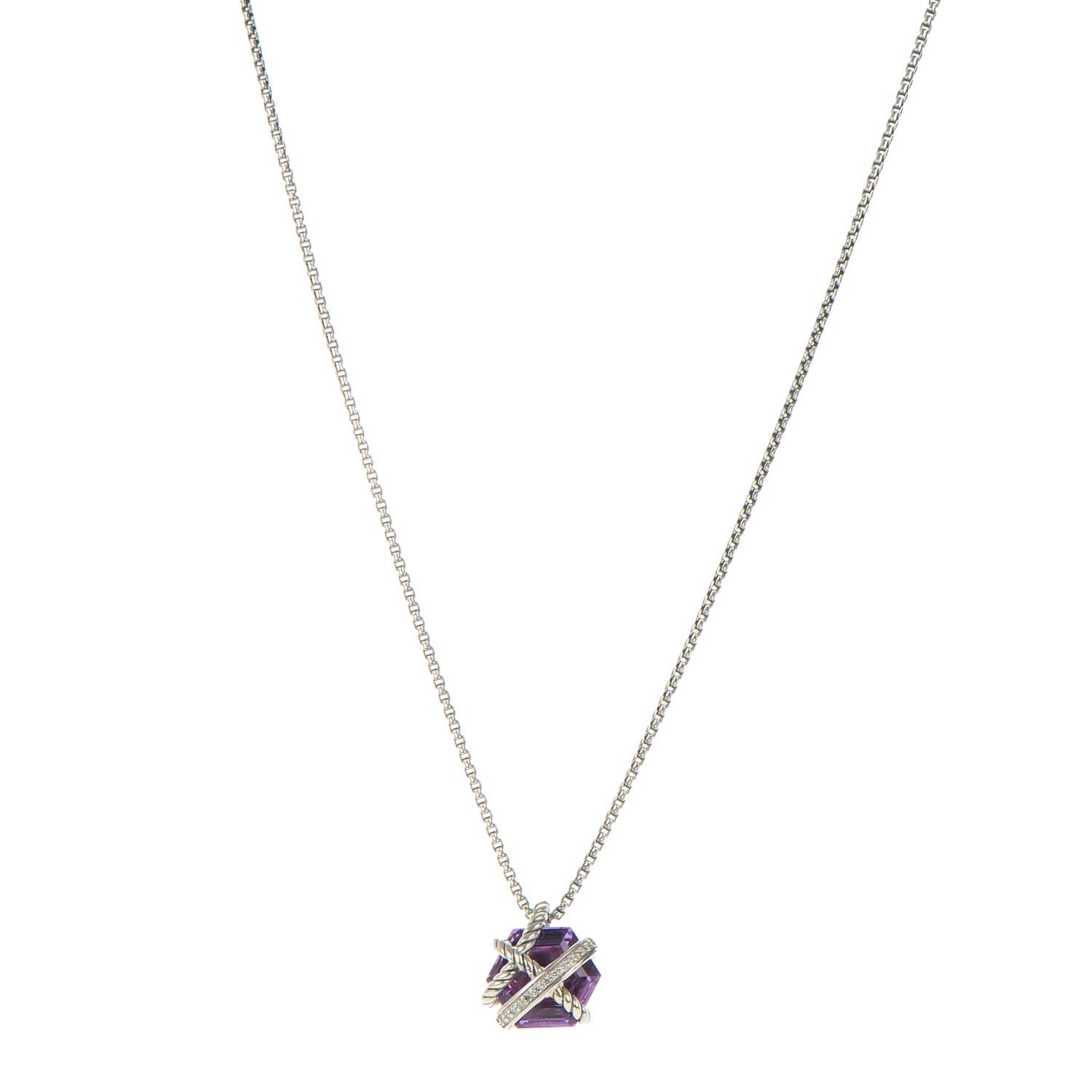 David Yurman Sterling silver Pave Diamond Amethyst 10mm Petite Cable Wrap Pendant Necklace 1 of 6