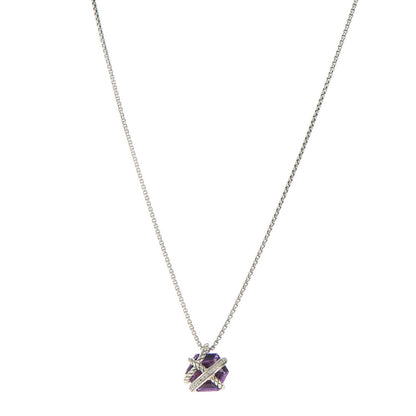 David Yurman Sterling silver Pave Diamond Amethyst 10mm Petite Cable Wrap Pendant Necklace 1 of 6