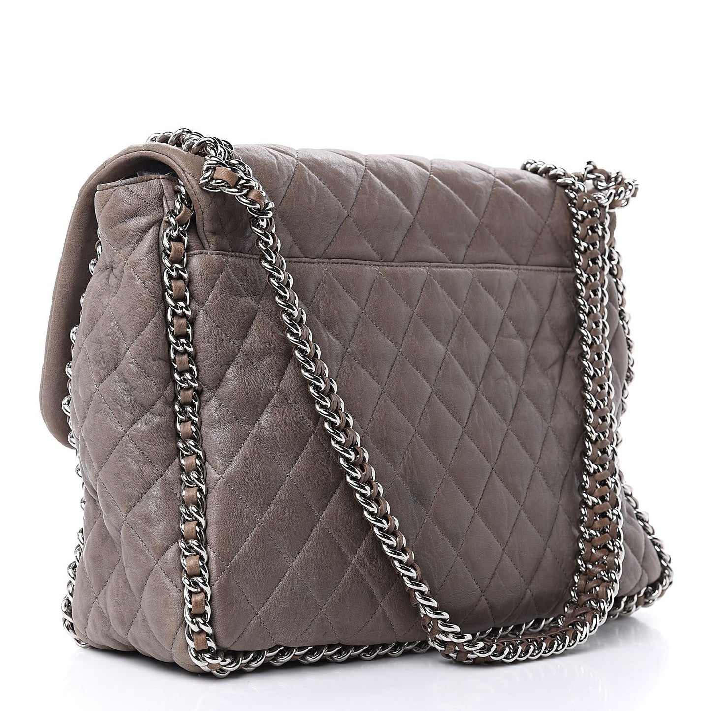 Washed Lambskin Quilted Chain Around Maxi Flap Brown