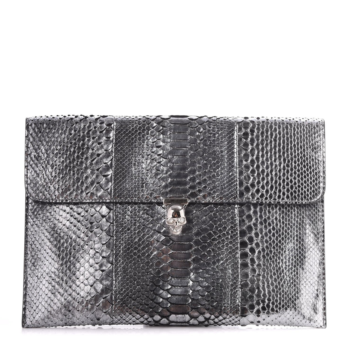 Metallic Python Embossed Skull Envelope Clutch Silver