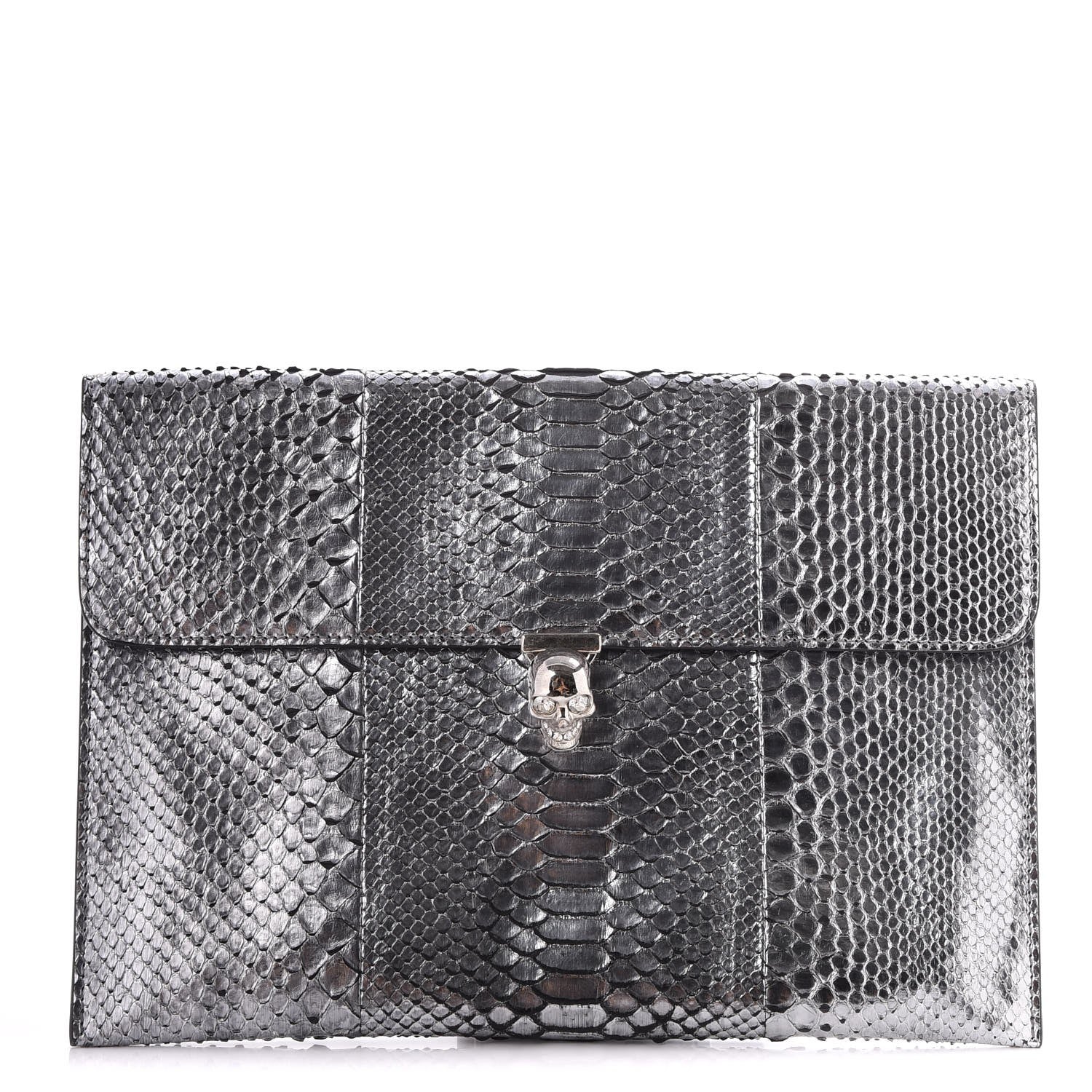 Alexander McQueen Metallic Python Embossed Skull Envelope Clutch Silver 1 of 10