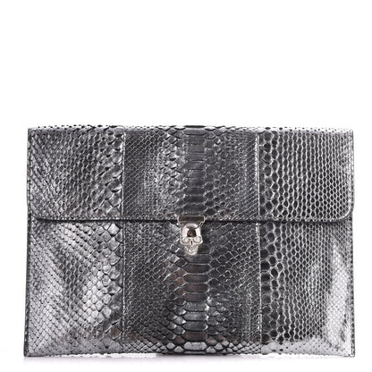 Alexander McQueen Metallic Python Embossed Skull Envelope Clutch Silver 1 of 10