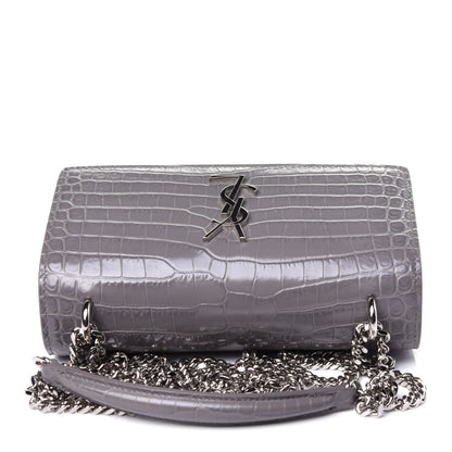 Saint Laurent Calfskin Crocodile Embossed Monogram Sunset Chain Wallet Fog 10 of 11