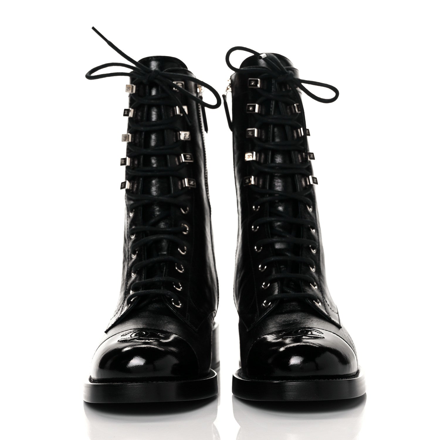 Chanel Crumpled Lambskin Shiny Calfskin Lace Up Combat Boots 39 Black 2 of 7