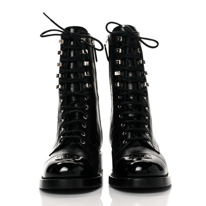 Chanel Crumpled Lambskin Shiny Calfskin Lace Up Combat Boots 39 Black 2 of 7
