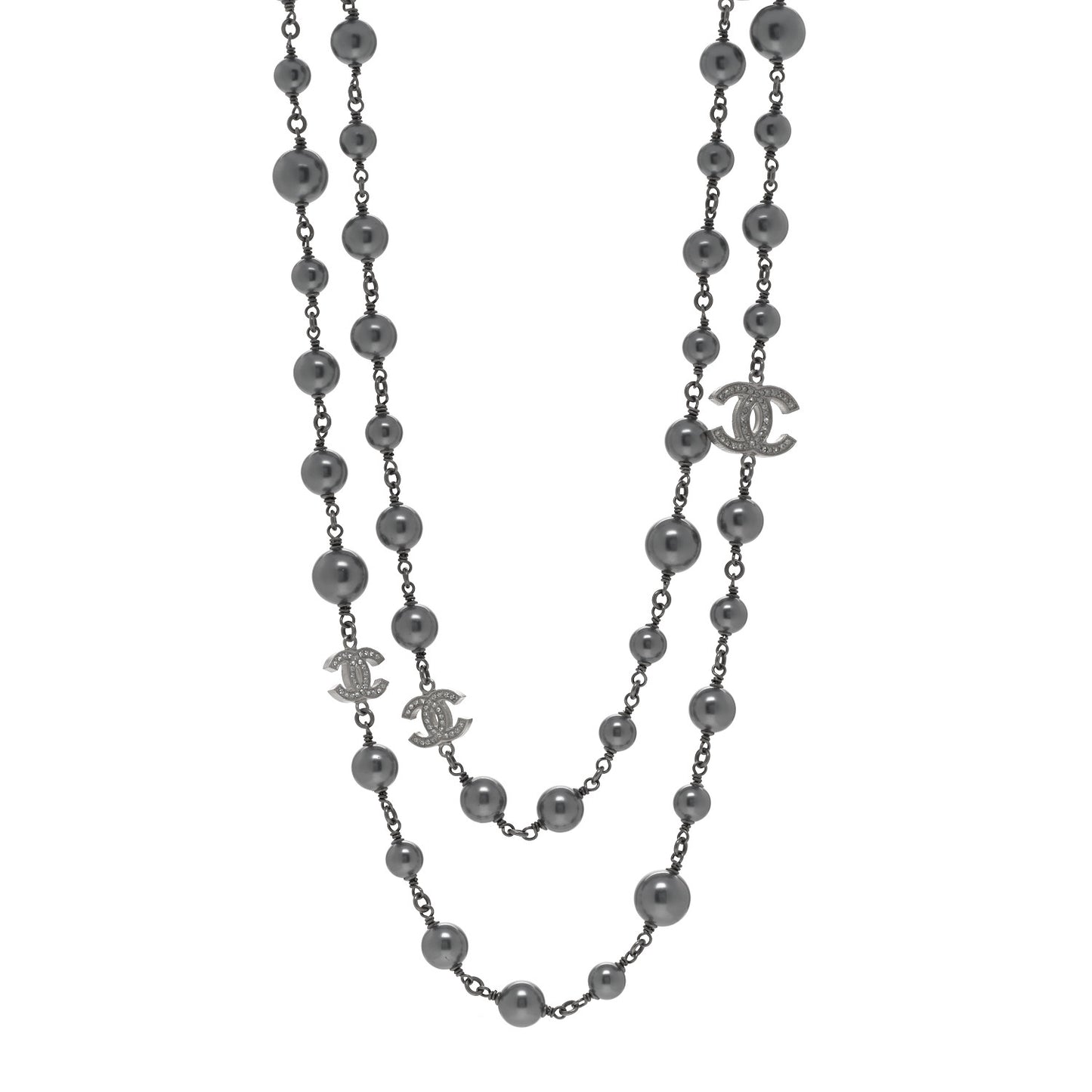 Crystal Pearl Beaded CC Long Necklace Ruthenium