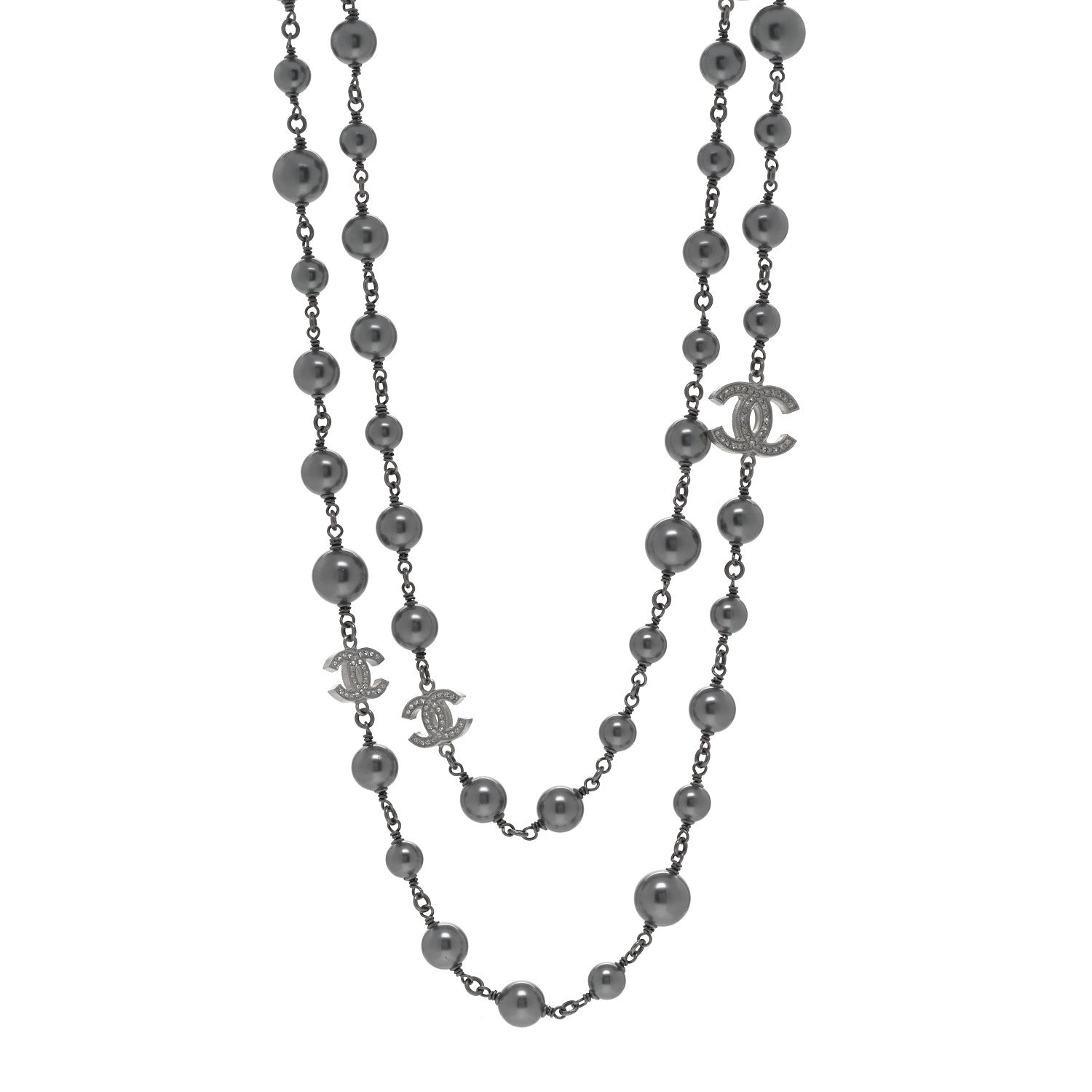 Chanel Crystal Pearl Beaded CC Long Necklace Ruthenium 1 of 6