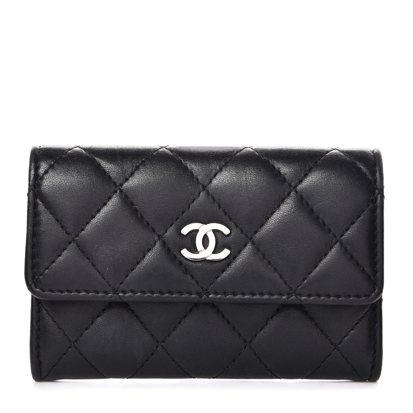 Lambskin Quilted Flap Card Holder Black