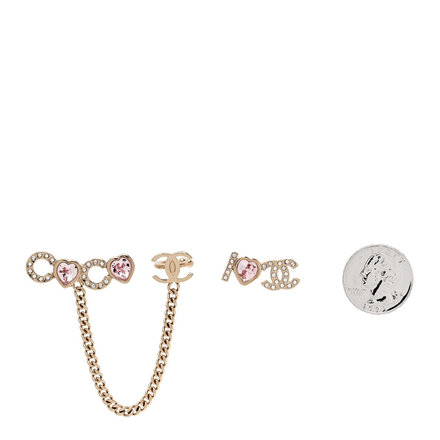 Chanel Metal Strass I Love Coco Heart Chain Climber Earrings Gold Pink 2 of 4