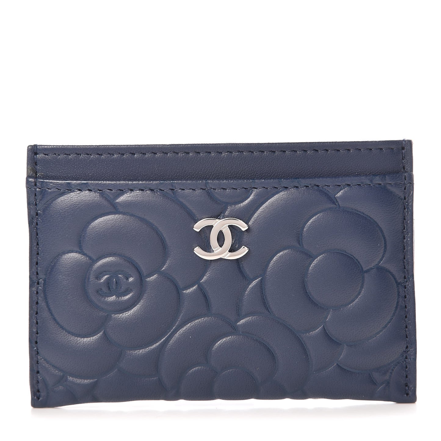 Lambskin Camellia Embossed Card Holder Blue