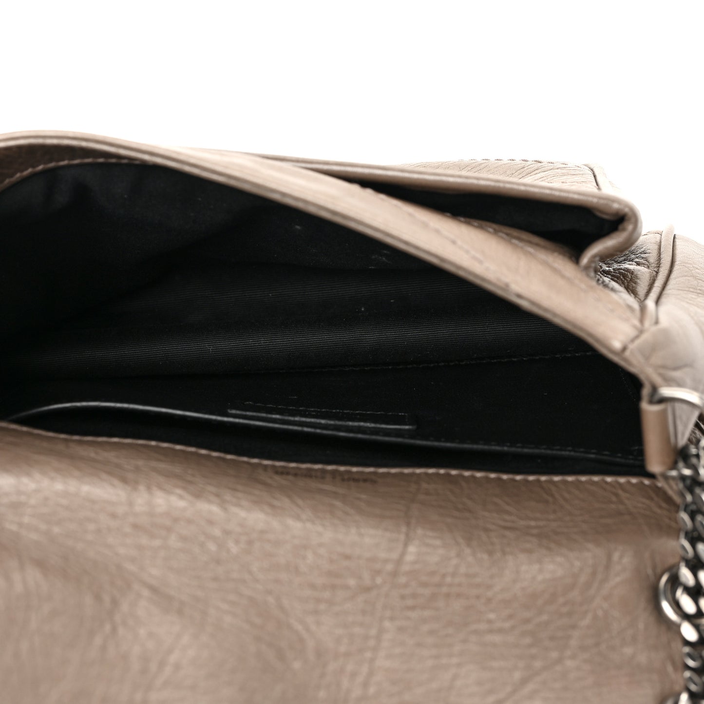 Crinkled Calfskin Matelasse Monogram Baby Niki Chain Satchel Greyish Brown