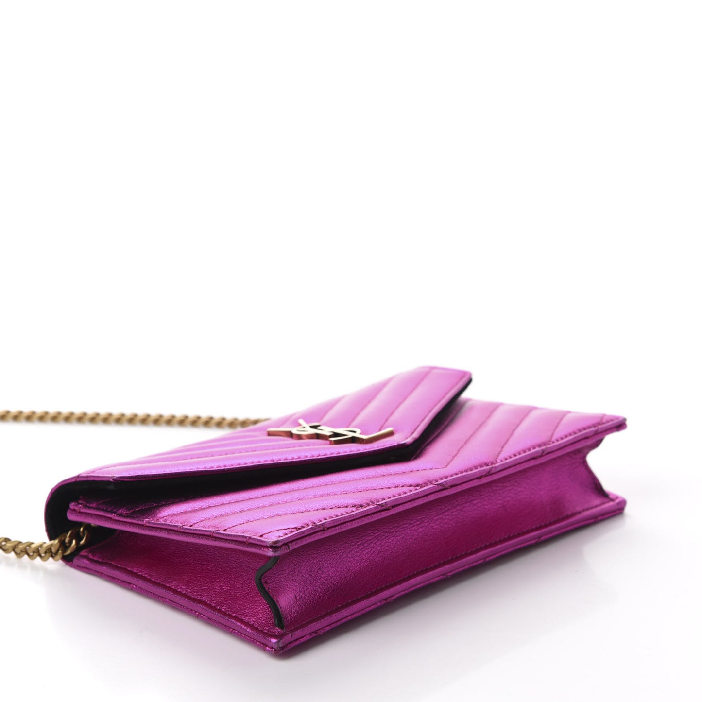 Metallic Calfskin Matelasse Chevron Monogram Envelope Chain Wallet Fuchsia
