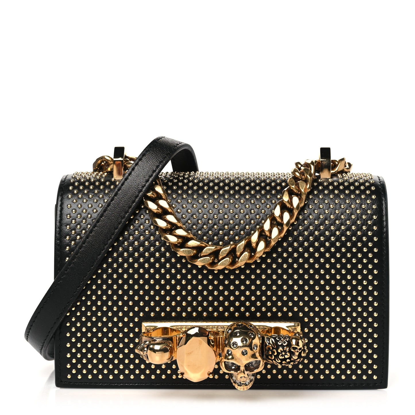 Calfskin Studded Mini Jeweled Knuckle Satchel Black