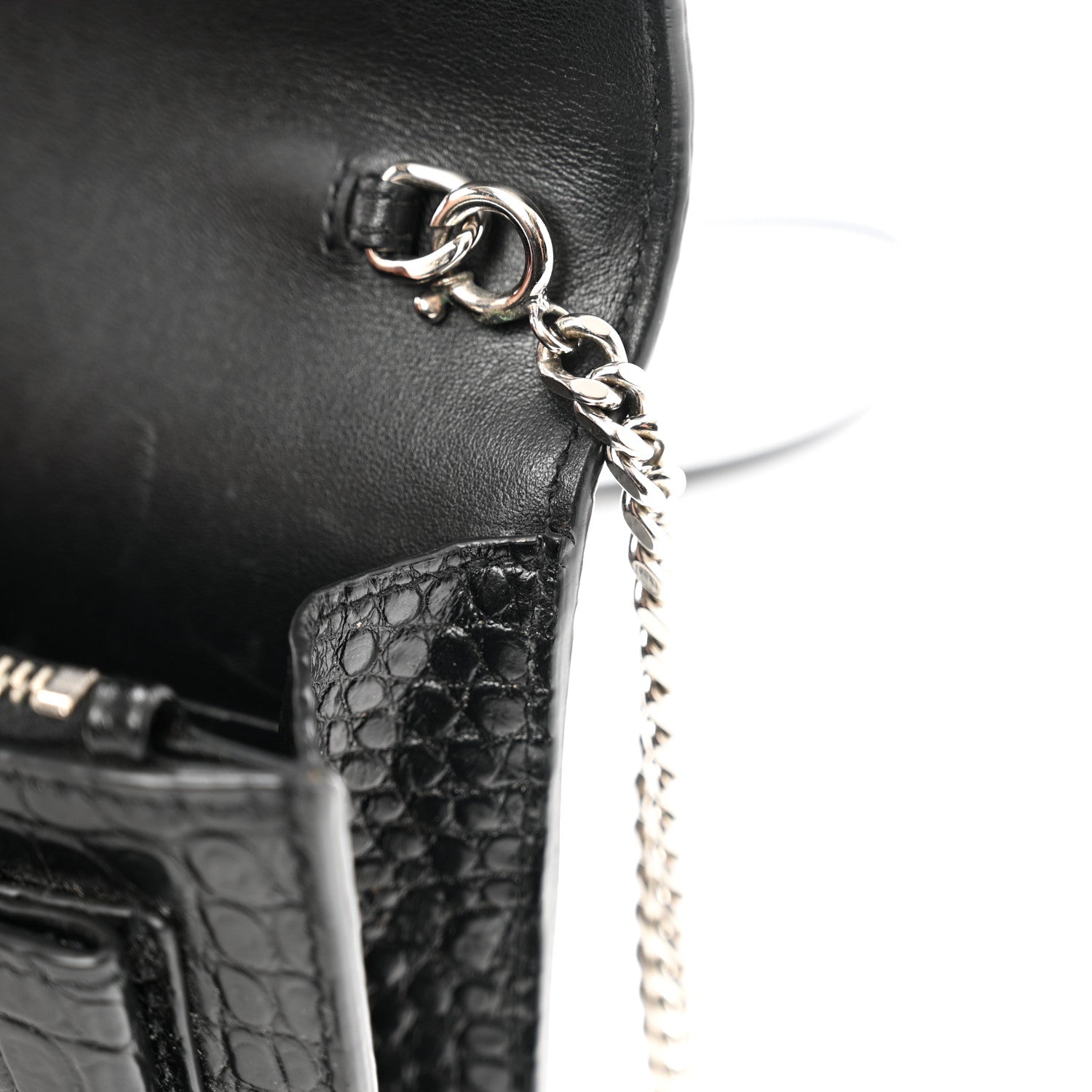 Saint Laurent Calfskin Crocodile Embossed Monogram Sunset Top Handle Chain Wallet Black 10 of 12